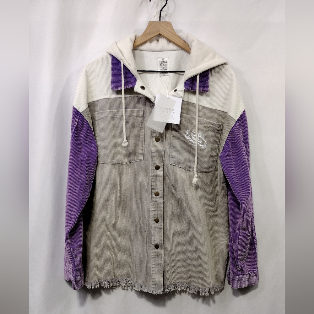 NWT Gameday Couture Patchwork Button Shacket Unisex L Gray Purple Boho Retro
